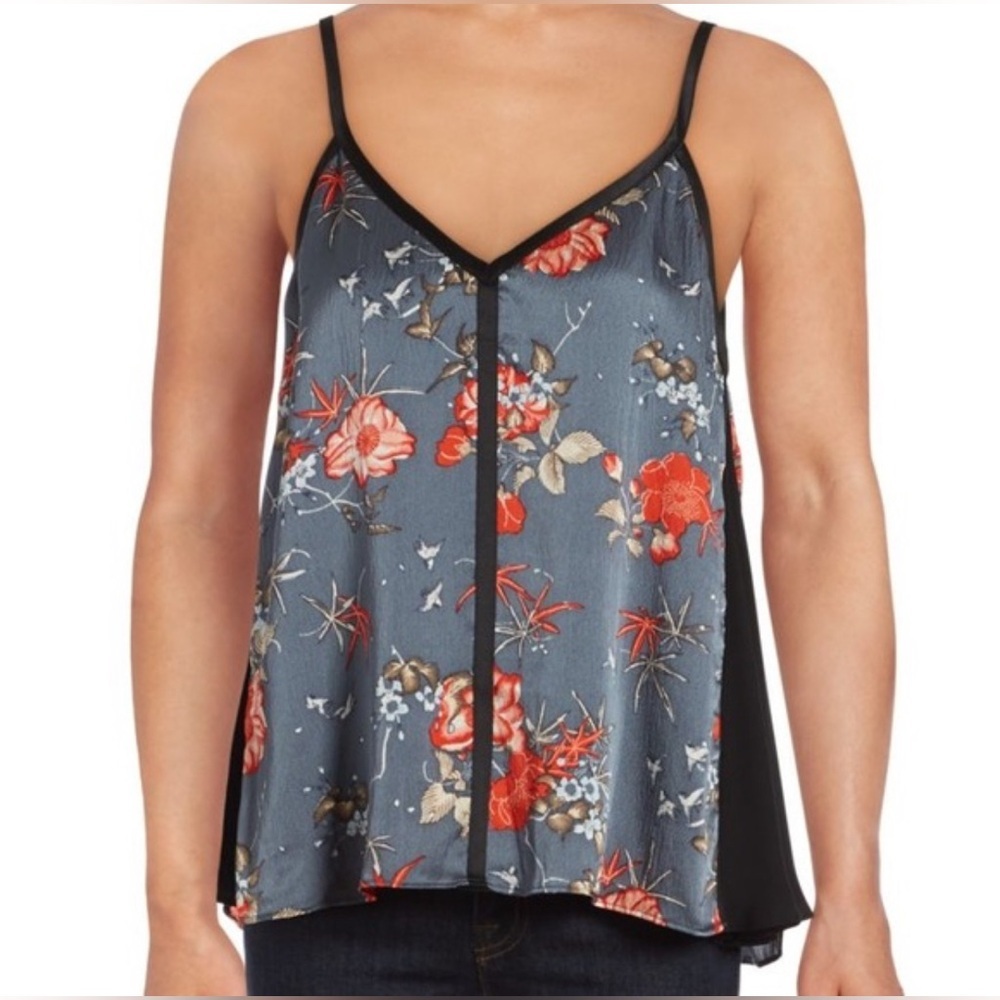 cinq a sept Blue Floral Silk Camisole with Black Trim - Picture 1 of 4